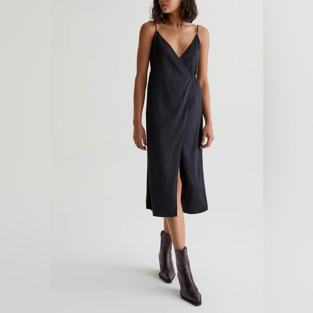 AG Adriano Goldschmied Seah Silk Wrap Midi Dress in Black Size S
